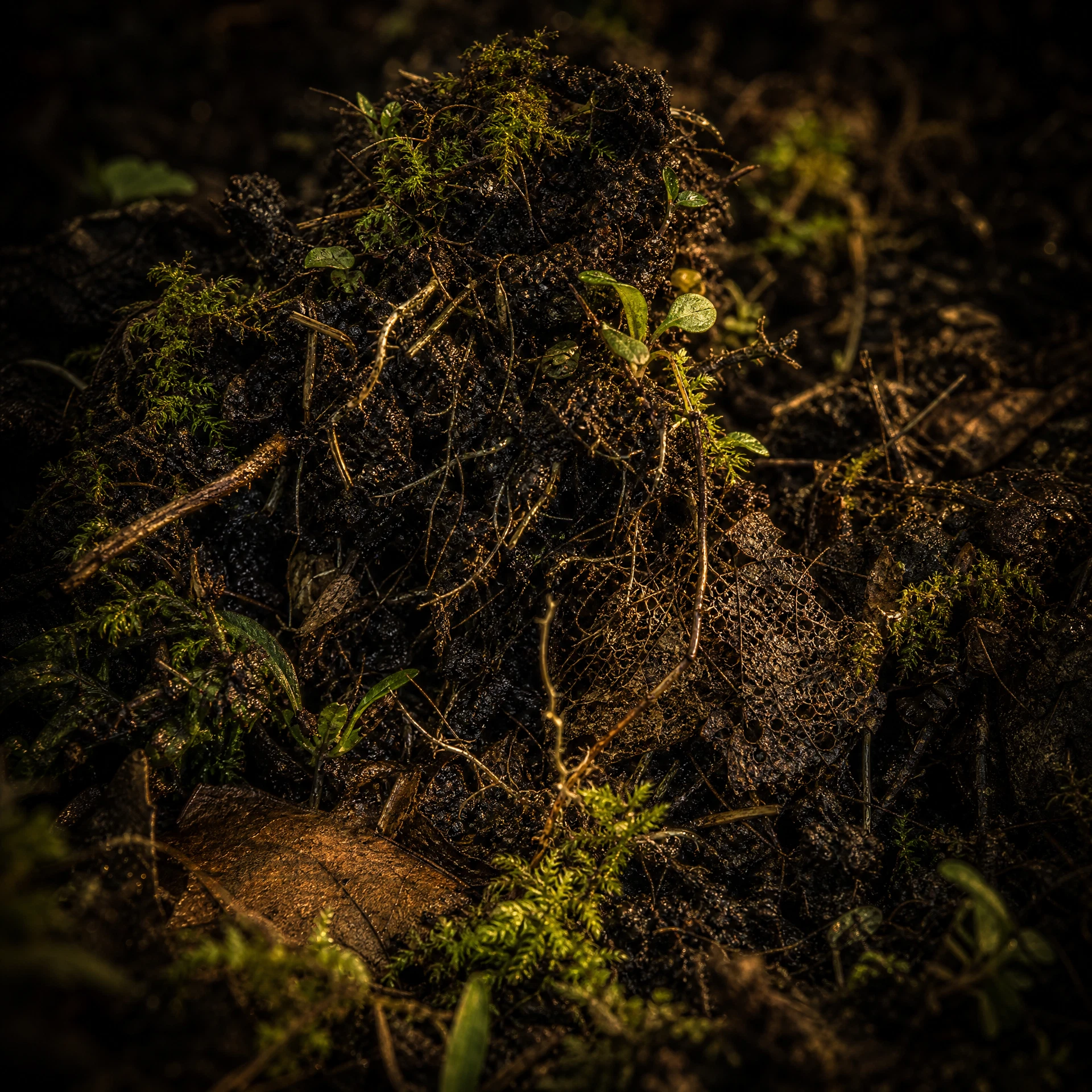 Living forest soil with roots, moss, and tiny shoots