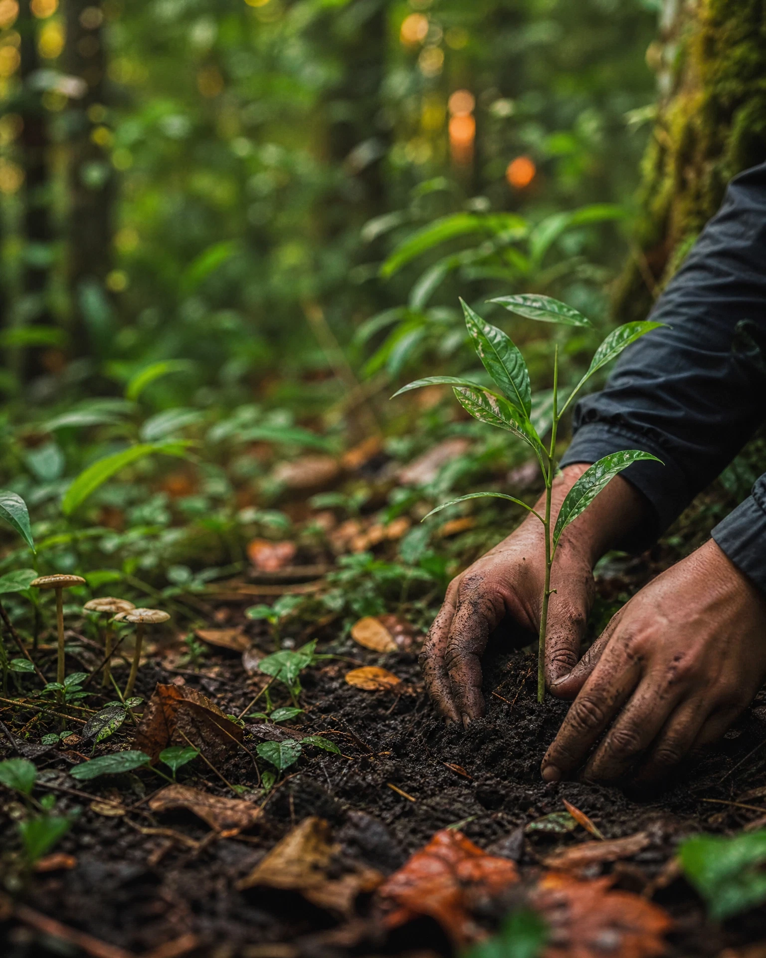 Hands planting a native tree seedling in dark forest soil